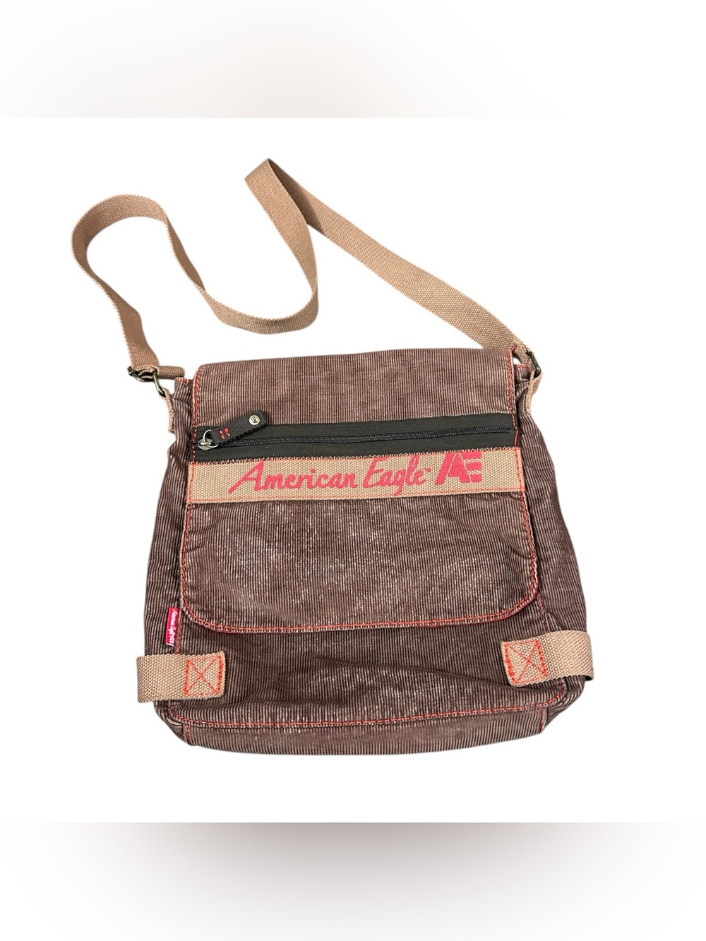 American Eagle AE Brown Corduroy Messenger Crossbody Bag Red Lining Adjustable